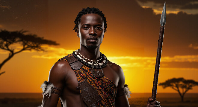 Young African man holding a spear and dressed in traditional attire  