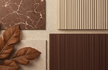 Collection of material samples including textured surfaces like marble, fluted panels, large brown leaf. Features sophisticated palette of brown, beige, cream tones, ideal for interior design,