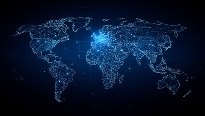 Abstract futuristic world map design representing global data and digital communication.
