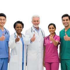 Fototapeta premium Diverse medical team gives thumbs up gesture of approval and confidence transparent background