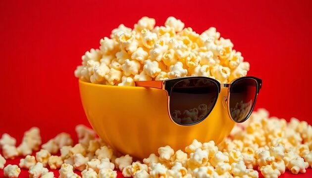 Bright yellow bowl overflowing with popcorn against a red background, stylish sunglasses add a playful touch, summer, treat