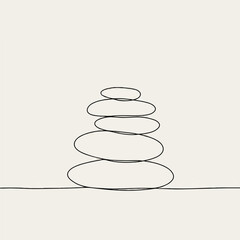 Minimal line art vector illustration of perfectly stacked smooth spa stones creating a tranquil and balanced meditation concept.