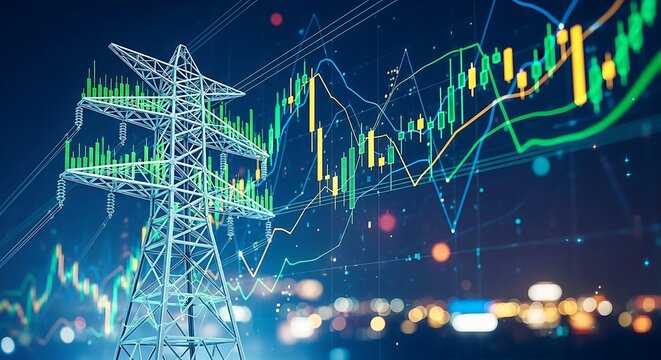 Digital financial market analysis for smart energy infrastructure, featuring an electricity pylon amidst glowing data graphs, representing global power trends and future economic growth