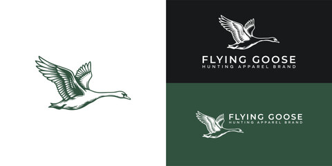 Obraz premium A classic and timeless logo for a hunting apparel brand featuring a detailed, hand-drawn illustration of a graceful swan in mid-flight.
