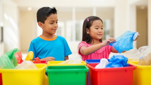 Latin and Asian children sorting recycled objects into colorful recycling bins