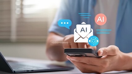 Person using a smartphone with AI email and chat interface overlay - Powered by Adobe