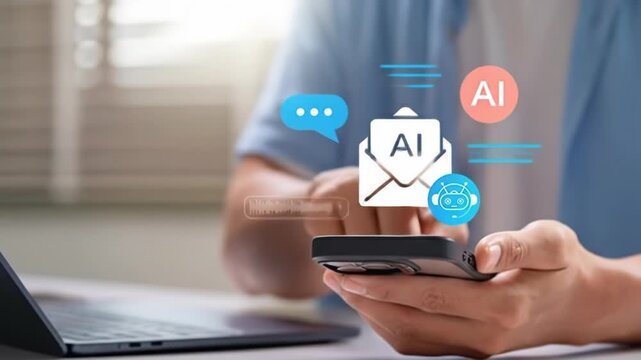 Person using a smartphone with AI email and chat interface overlay - Powered by Adobe