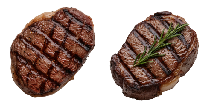 set of Succulent ribeye steak with grill marks and a crispy outer layer, cooked grilled beef steak isolated on transparent background	