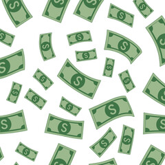 A seamless pattern of falling cartoon dollar bills. A background of raining money for finance and wealth concepts vector illustration