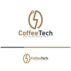 Coffee bean logo with data connection. Creative coffee tech logo template vector illustration