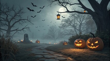 Halloween background with pumpkins and a haunted house. Halloween background with Evil Pumpkin. Spooky scary dark night forest. Holiday event halloween banner background concept