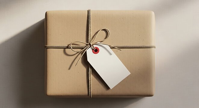 Beautifully wrapped kraft paper gift box tied with rustic twine and a blank white tag, perfect for personalized messages, symbolizing thoughtful giving, celebration, and special delivery