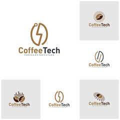 Set of Coffee bean logo with data connection. Creative coffee tech logo template vector illustration