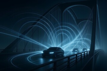 Autonomous Vehicles Connected by Holographic Navigation Beams Across Futuristic Bridge, Creating Abstract Geometric Energy Streams
