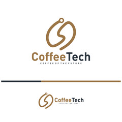 Coffee bean logo with data connection. Creative coffee tech logo template vector illustration