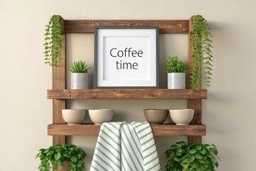 Rustic wooden shelf with framed coffee time art and potted plants image