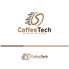 Coffee bean logo with data connection. Creative coffee tech logo template vector illustration