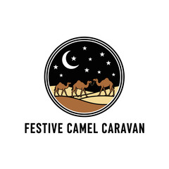 Obraz premium Three camels walk across the desert under a crescent moon and starry night sky.