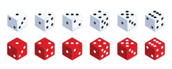 Set of dices. White and Red 3d dice icon vector set. Six faces of game die from one to six on white background. 