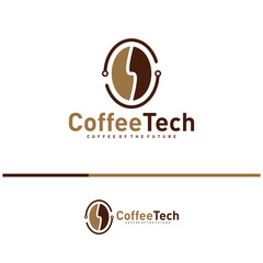 Coffee bean logo with data connection. Creative coffee tech logo template vector illustration