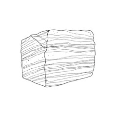 An outlined sandstone block displays prominent layered striation lines, rendered with a clean and simple thin stroke vector illustration style, evoking natural geological formations.