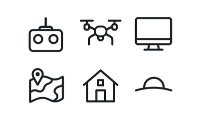 vector outline icons topographer (aerial view): drone controller drone in air monitor screen map overlay rooftop horizon.
