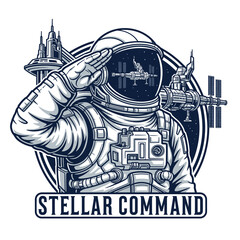 Obraz premium Astronaut saluting space station, futuristic illustration