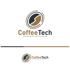 Coffee bean logo with data connection. Creative coffee tech logo template vector illustration