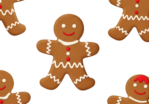 Festive gingerbread men cookies in a repeating pattern on a black background.