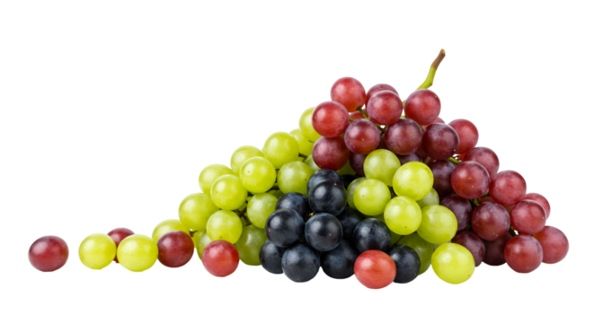 A vibrant display of mixed grapes featuring green red and black varieties on a black background isolated on transparent white background]