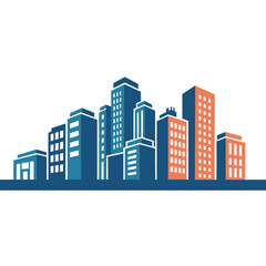 A modern city skyline silhouette with a blue and orange color palette. A corporate urban landscape background vector illustration