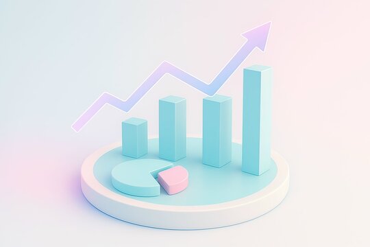 3d pastel colored bar graph with upward trending arrow and pie chart on a circular platform - Powered by Adobe