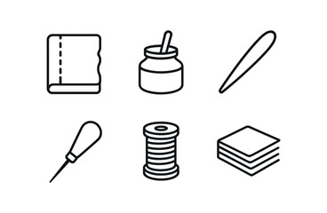 vector outline icons bookbinder (workbench): leather cover glue pot bone folder stitching awl thread spool stacked pages.