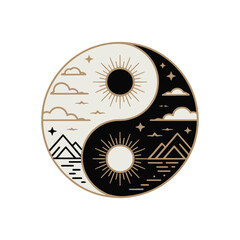 A decorative Yin Yang symbol with sun and moon mountain landscapes representing the balance of day and night vector illustration
