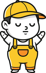 Cartoon peaceful boy in yellow cap and overalls with closed eyes, calm character illustration isolated on white background vector artwork