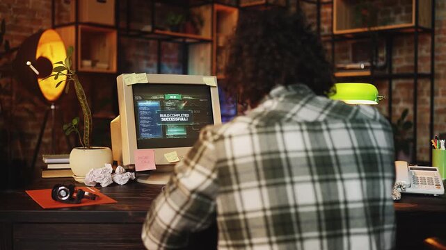 Programmer happy after successful software creation, gesturing thumbs up, retro