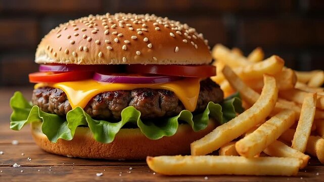 Juicy cheeseburger with lettuce tomato onion and sesame bun closeup, delicious fast food meal lifestyle concept