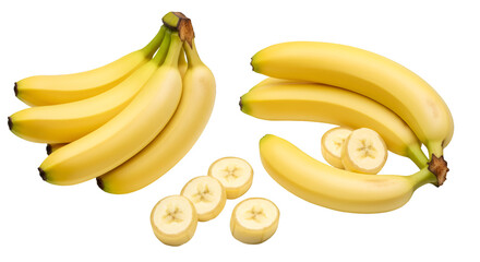 A group of bananas and a few sliced bananas are displayed on a black colored background image here isolated on transparent white background]
