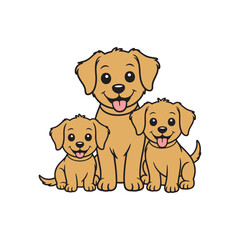 A cute cartoon mother Golden Retriever dog sitting with her two adorable puppies. A happy family of pets vector illustration