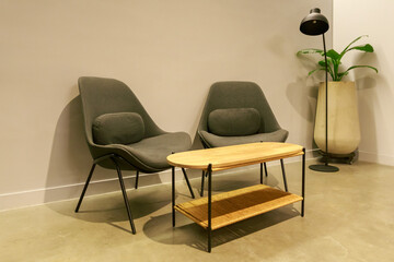 Modern lounge area with minimalist chairs, wooden coffee table, floor lamp, and large indoor plants