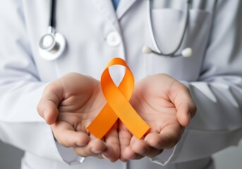 Doctor holding orange ribbon for awareness