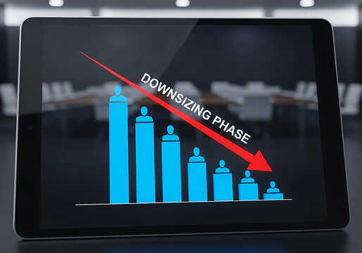 Business downsizing phase depicted on a digital tablet screen with decreasing staff and arrow