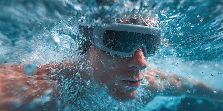 Professional swimmer wearing VR headset is immersed in water, showcasing blend of technology and athleticism