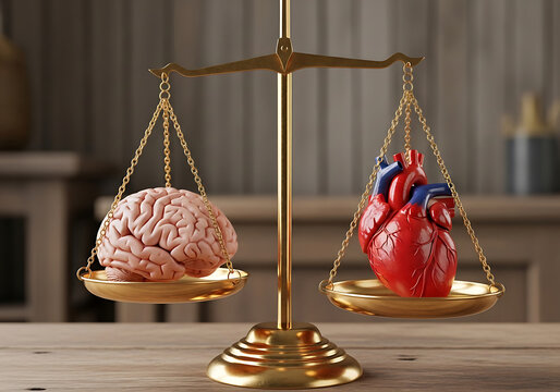 Brain and heart anatomical models balanced on a golden antique scale