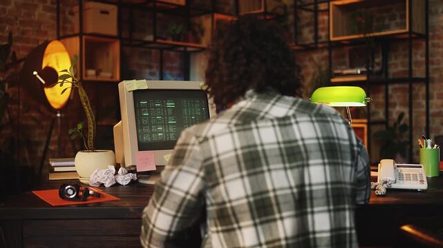 Portrait of funny male programmer shocked by error message on retro computer