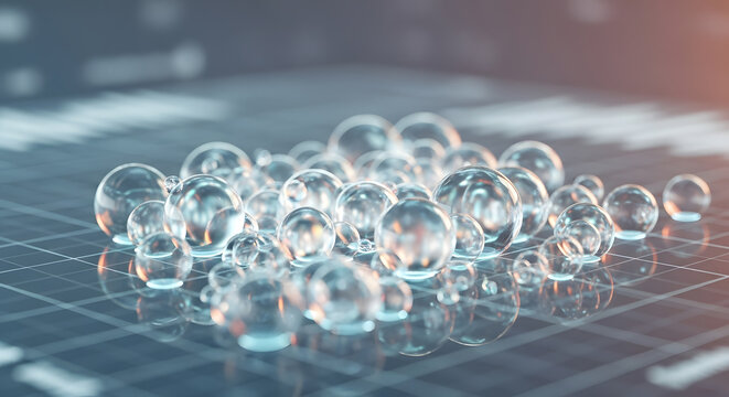 Interactive bubble chart showing the relationship between different variables in a data set, without text or captions. Photorealistic, HD.