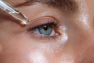 Close up of blue eye with serum dropper applying skincare liquid on smooth glowing skin, highlighting delicate eyelashes and natural texture for beauty care routine