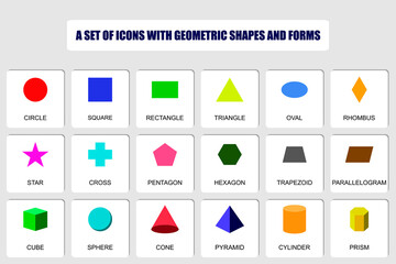 A set of icons with basic geometric figures and shapes with their names. Cards with different colored shapes and figures for children and schoolchildren.
