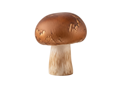 A single, whole mushroom, displaying a rich, brown cap and a light beige stem, stands out against a pure black background.