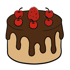 Cartoon doodle of a chocolate drip cake with cherry and strawberry topping